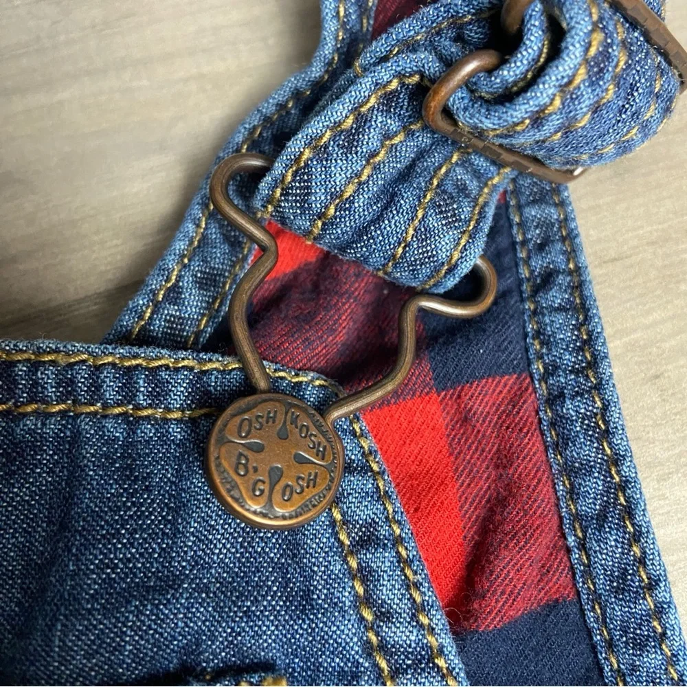 Oshkosh B’gosh 12 Months Classic Denim Blue Jeans Overalls Red‎ Plaid Flannel